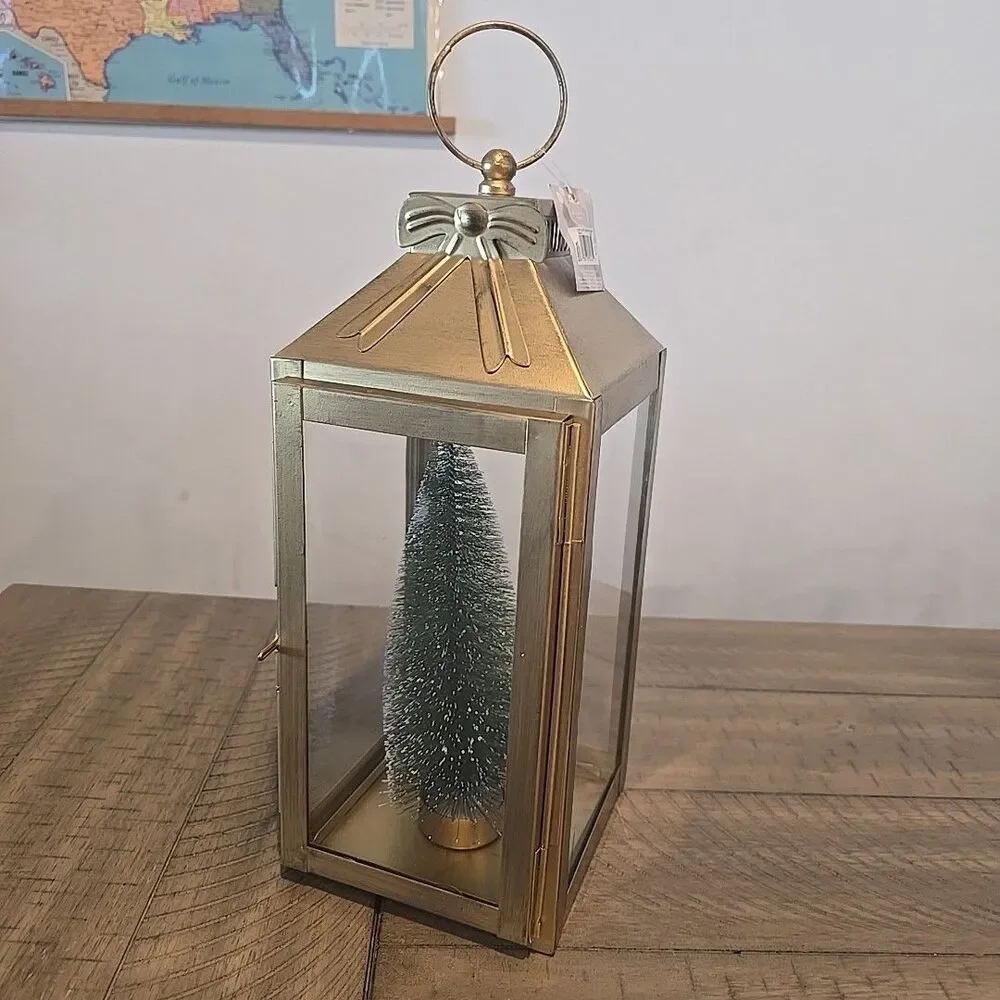 St. Nicholas Square Metal Bottle Brush Tree Lantern Table Decor Gold Color